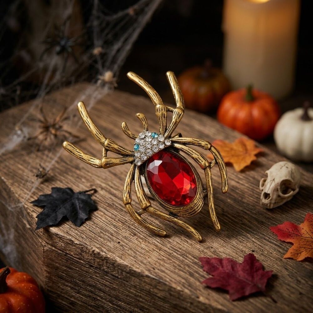 Rhinestone Red Spider Brooch Halloween Pin